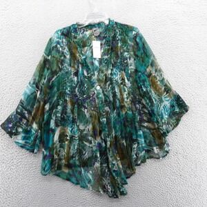 NWT CS Casual‎ Studio One Button Pintuck Top XL Teal Blue Womens Flowy Boho Art